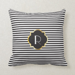 Chic Black en White Stripe Gold Monogram Kussen