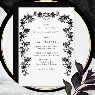 Chic Black Enchanting Botanical Garlands Wedding Kaart