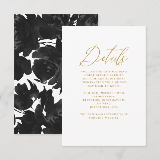 Chic Black Floral met Calligrafie Wedding Informatiekaartje (Voorkant / Achterkant)