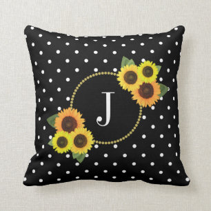Chic Black  Flowers Polka Dots Monogram Kussen