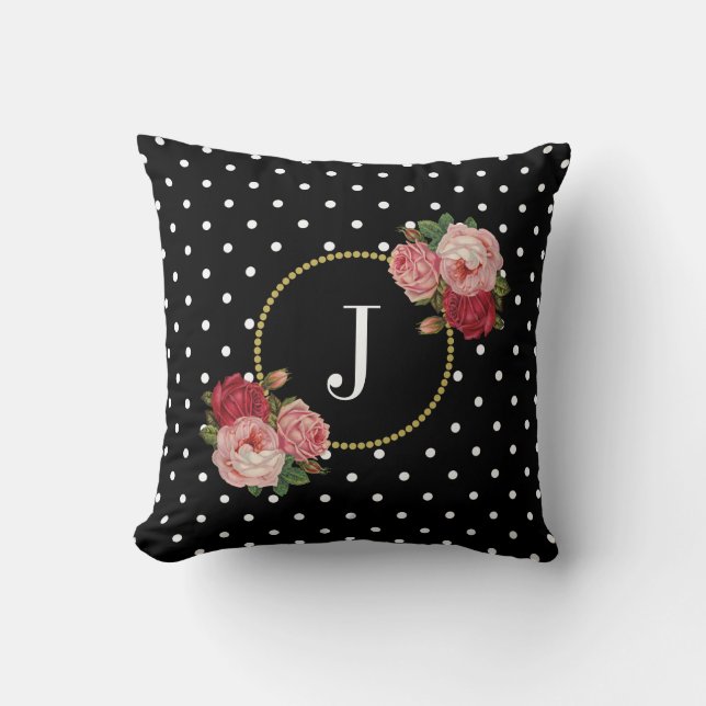 Chic Black  Flowers Polka Dots Monogram Kussen (Voorkant)