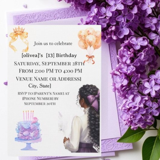 Chic Black Girl 13th Birthday Party Invitation | G