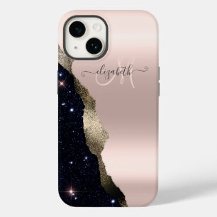 Chic Black Glitter Roos Gold Monogram Case-Mate iPhone 14 Hoesje