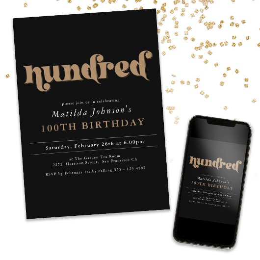 Chic Black Gold 100th Birthday Party Invitation