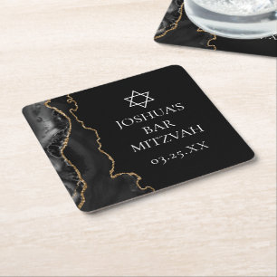 Chic Black Gold Agate Bar Mitswa Party Vierkante Kartonnen Onderzetter