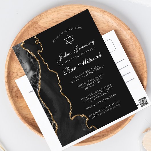 Chic Black Gold Agate Bar Mitzvah Party Invitation