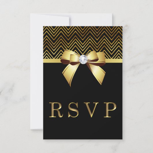 Chic Black Gold Chevrons Diamond Bow RSVP (Devant)