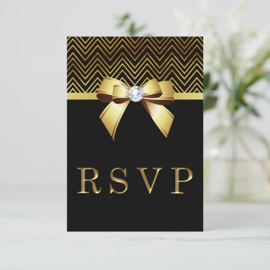Chic Black Gold Chevrons Diamond Bow RSVP (Debout devant)