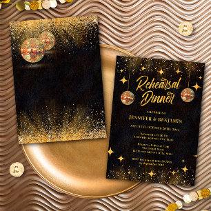 Chic Black Gold Disco Bal Rehearsal Dinner Kaart