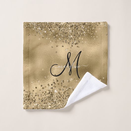 Chic Black Gold Glitters Monogram Naam Bad Handdoek (Wasdoekje)