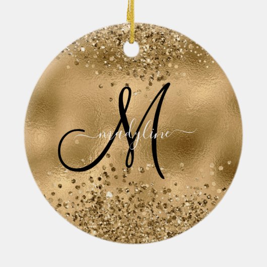 Chic Black Gold Glitters Monogram Naam Keramisch Ornament (Achterkant)