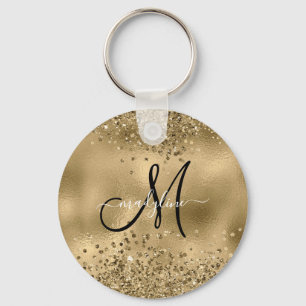 Chic Black Gold Glitters Monogram Naam Sleutelhanger