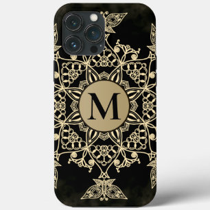 Chic black gold monogram mandala girly iPhone 13 pro max hoesje