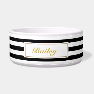 Chic black Gold Stripes Persoonlijke netnaam Voerbakje