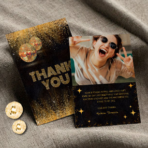 Chic Black Goud Glitter Disco Ball Verjaardagsfoto Bedankkaart