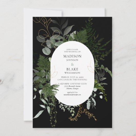Chic Black Greenery Forest Wedding Kaart (Voorkant)