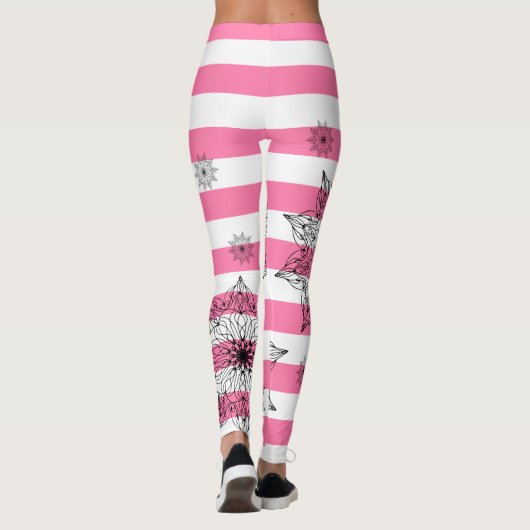 Chic Black Mandalas op roze en witte strepen Leggings (Achterkant)