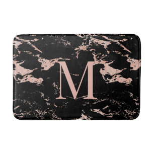 Chic Black Marble Roos Gold Foil Monogram Badmat