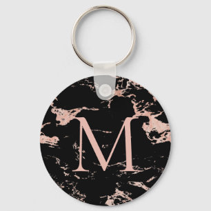 Chic Black Marble Roos Gold Foil Monogram Sleutelhanger