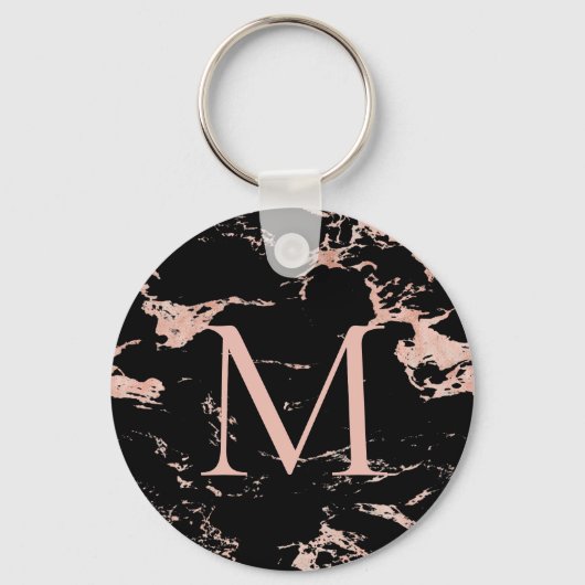 Chic Black Marble Roos Gold Foil Monogram Sleutelhanger (Voorkant)