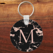 Chic Black Marble Roos Gold Foil Monogram Sleutelhanger (Voorkant)