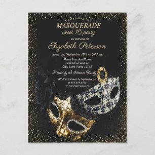 Chic Black Masquerade, Masque Confetti Sweet 16 Uitnodiging Briefkaart