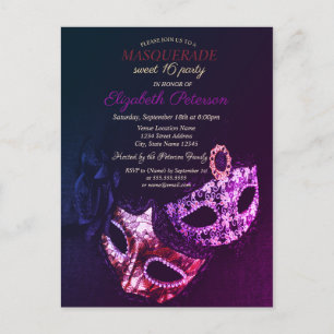 Chic Black Masquerade, Masque Sweet 16 Uitnodiging Briefkaart
