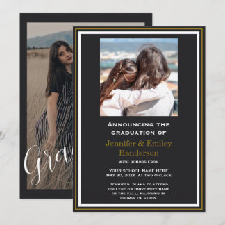 Chic Black photo double graduation Announcement Kaart