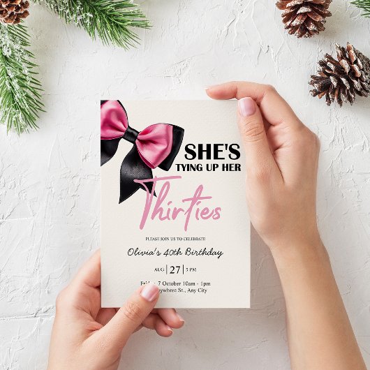 Chic Black & Pink Bow 40th Birthday Invitation
