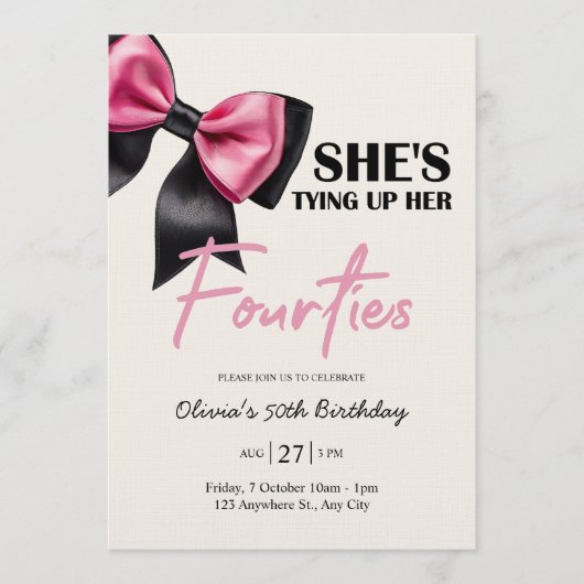Chic Black & Pink Bow 50th Birthday Invitation Kaart (Voorkant)