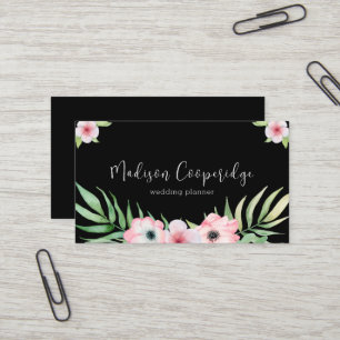 Chic Black Pink Floral Wedding Planner Visitekaartje