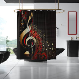 Chic Black Red en Gold Clef Note Douchegordijn