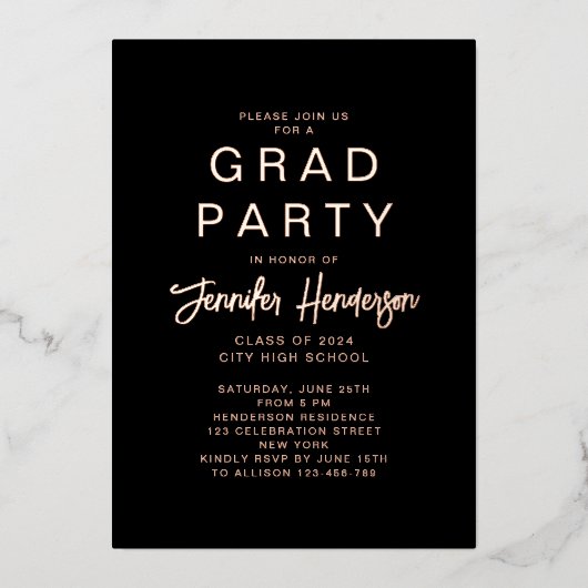 Chic Black Roos Gold Calligraphy Afstuderen Folie Uitnodiging (Voorkant)