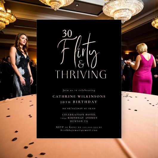 Chic Black & Rose Gold 30th Birthday Invitation