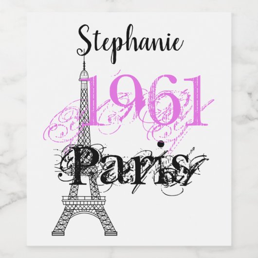 Chic Black Roze Paris Eiffel Tower Grafische naam Wijn Etiket (Enkel label)