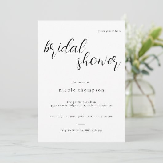 Chic Black Script Bridal Shower Invitation Minimal (Debout devant)