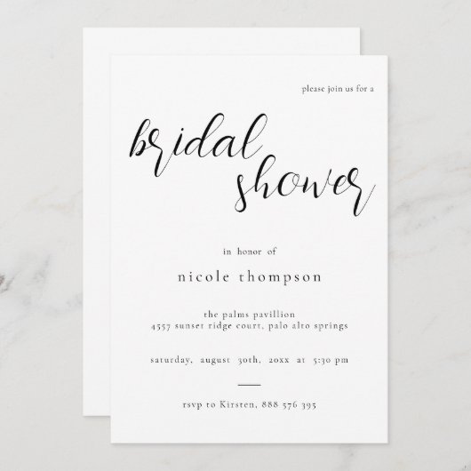 Chic Black Script Bridal Shower Invitation Minimal (Devant / Derrière)