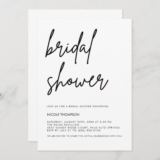 Chic Black Script Bridal Shower Invitation Minimal (Devant / Derrière)