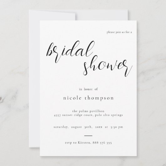 Chic Black Script Bridal Shower Invitation Minimal Kaart (Voorkant)