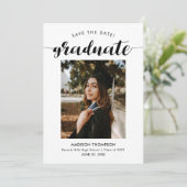 Chic Black Script Calligraphy Afstuderen Foto Save The Date (Staand voorkant)