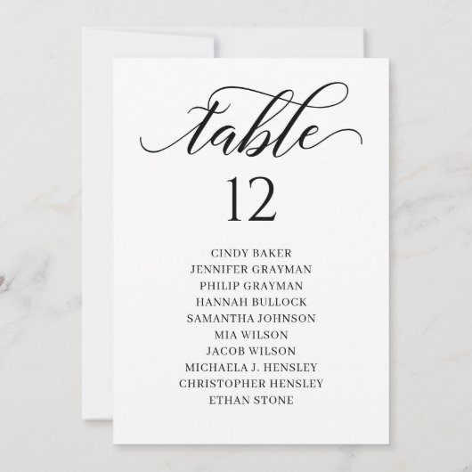 Chic Black Script Table Number Seating Chart Kaart (Achterkant)