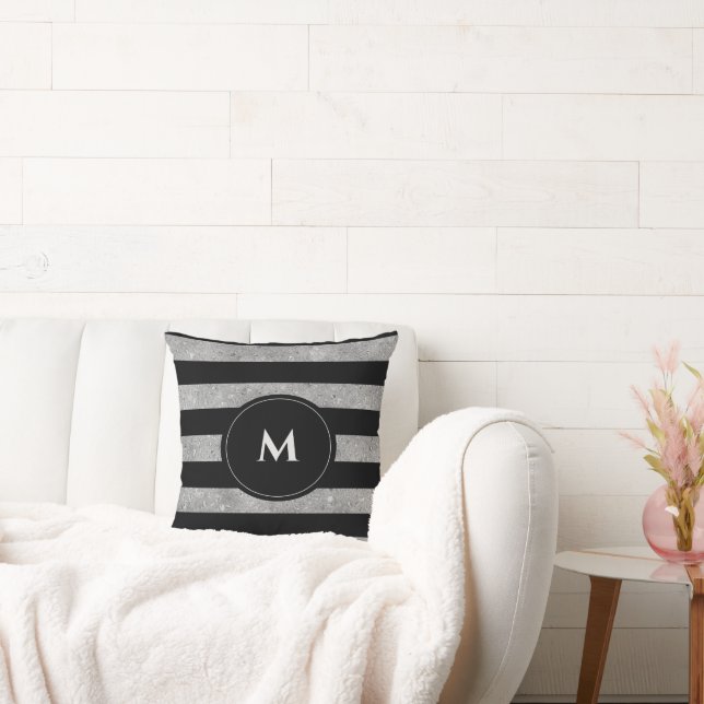 Chic Black Silver Glitter Striped Monogram Kussen (Bank)