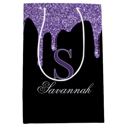Chic Black Sparkle Paarse Glitter Drips Monogram Medium Cadeauzakje (Voorkant)