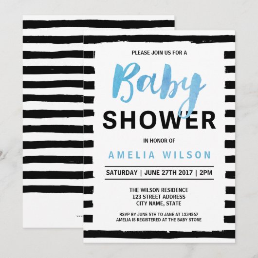 Chic Black Stripes Baby shower Bleu Invitation (Devant / Derrière)