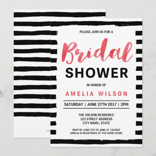 Chic Black Stripes Red Bridal Shower Invitation (Devant / Derrière)