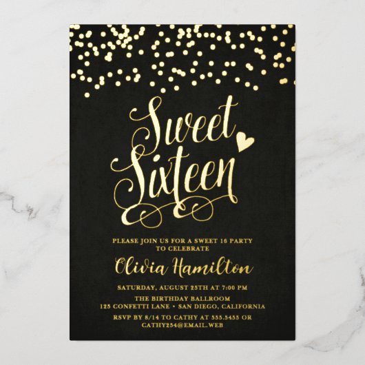 Chic Black Sweet 16 Gold Confetti Foil Invitation (Recto)