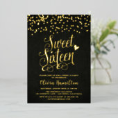 Chic Black Sweet 16 Gold Confetti Foil Invitation (Debout devant)