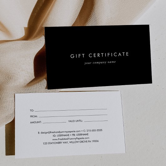 Chic Black Typographie Certificat cadeau d'affaire