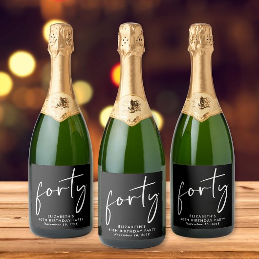 Chic Black White 40ste verjaardagsfeestje Sparkling Wijnetiket