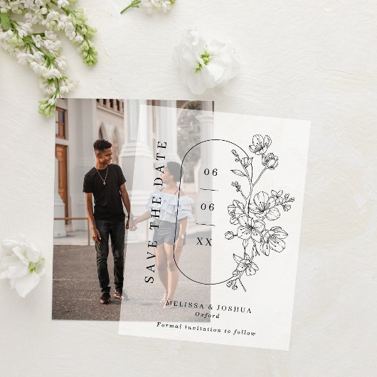 Chic Black & White Blossoms Wedding Save the Date Vellum Uitnodigingen